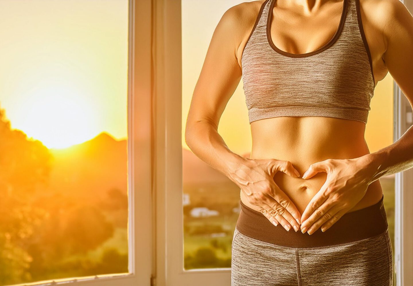 Gut Health picture, with a women with gym suite showing heart shape in her stomach