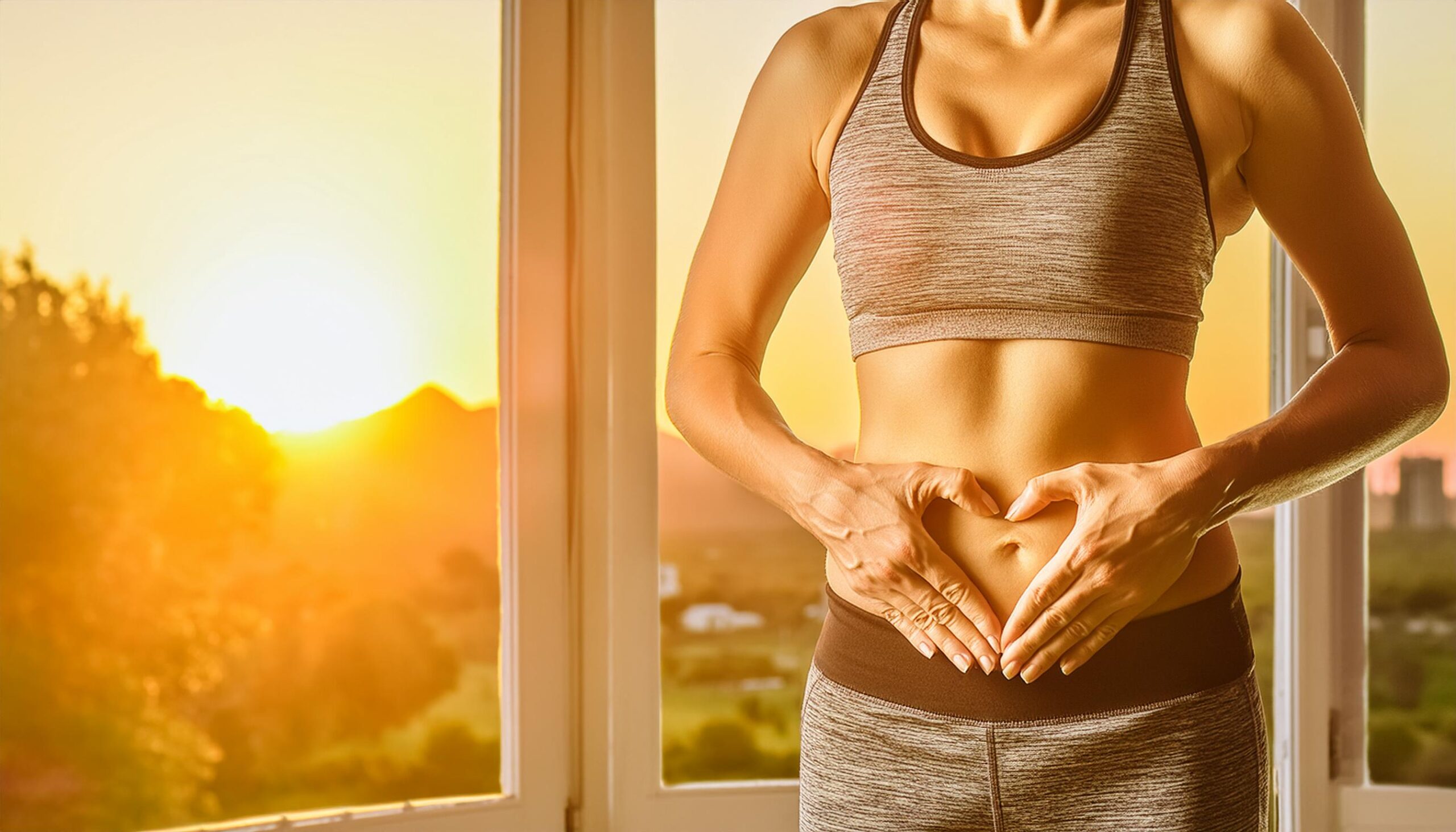 Gut Health picture, with a women with gym suite showing heart shape in her stomach